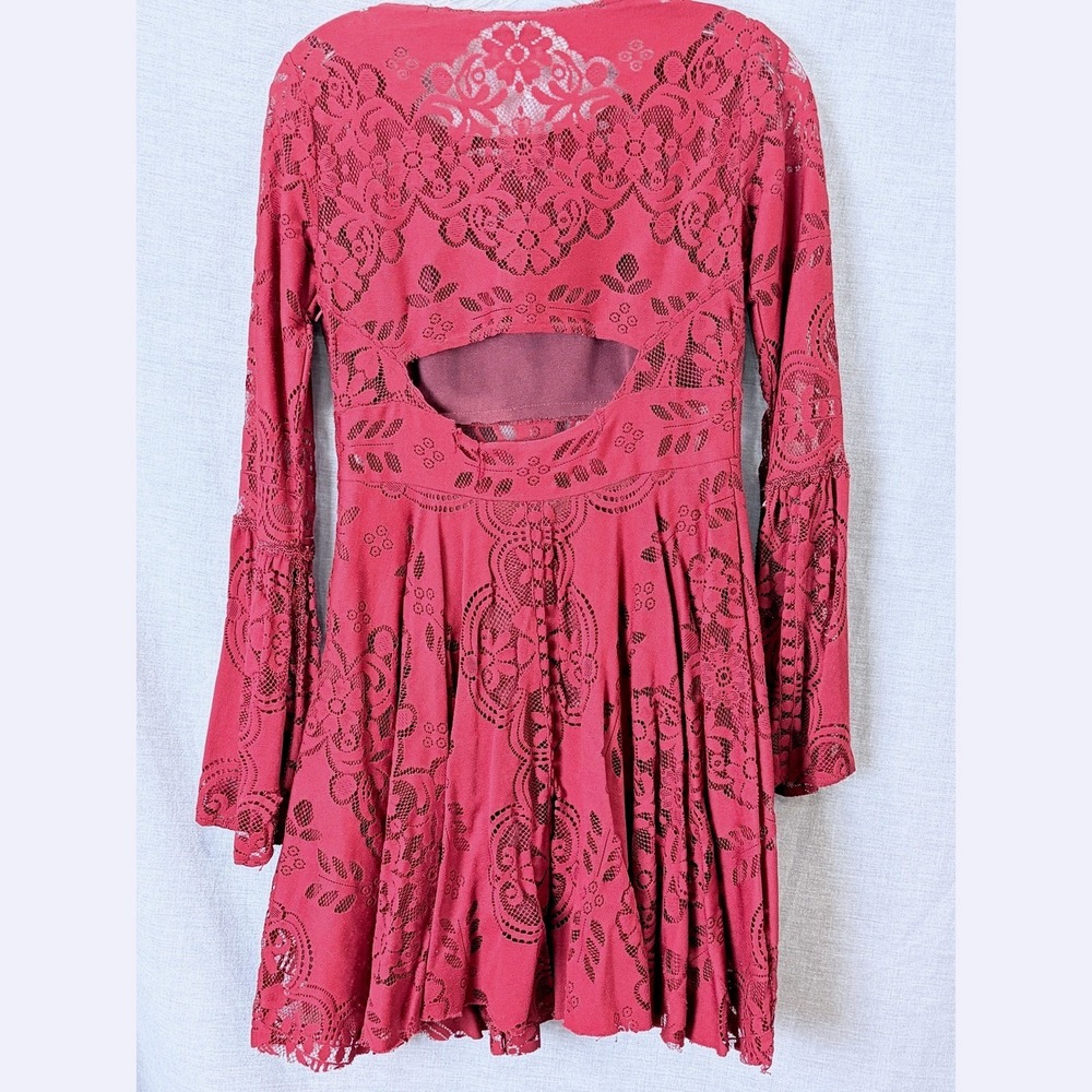 Free People Womens Floral Lace Bell Sleeve Open Back Mini Dress Red Size 2 - Picture 6 of 16